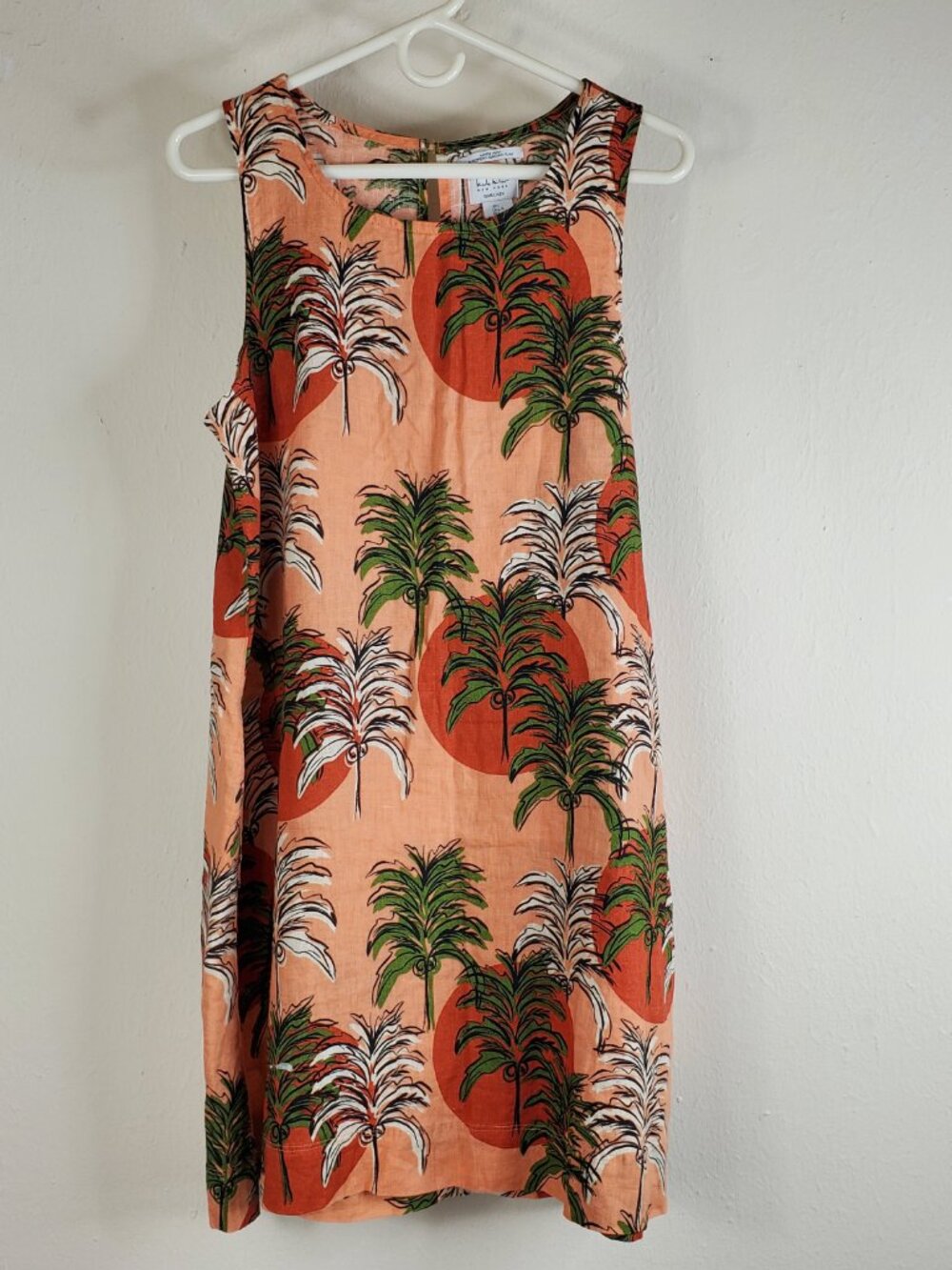 Nicole Miller NY Sundress 100% Linen Large Tropical Palm Boho Dress Pockets
